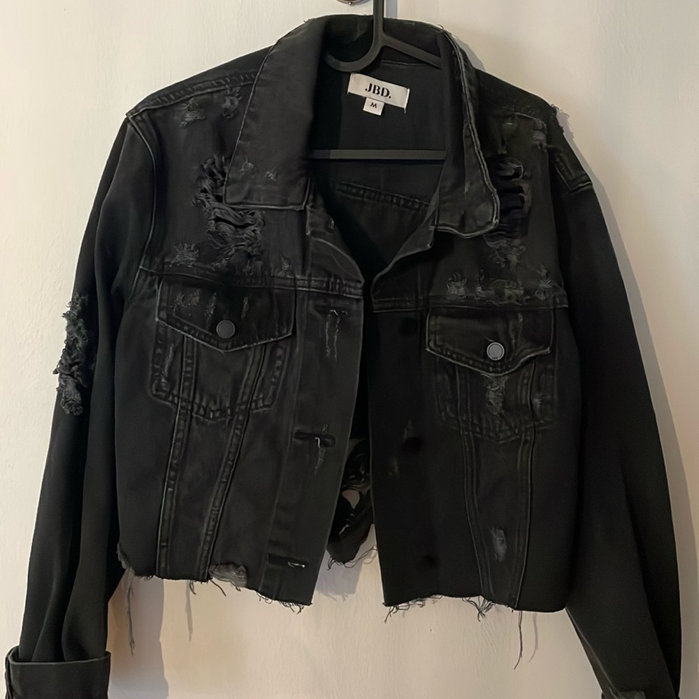 Distressed cropped black denim jacket
